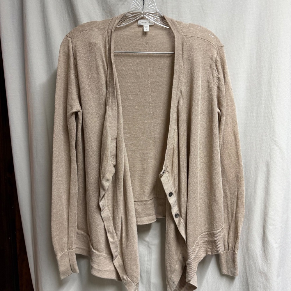 Garnet Hill Women Tan Beige 100% Linen Draped Open Front Cardigan Sweater Small